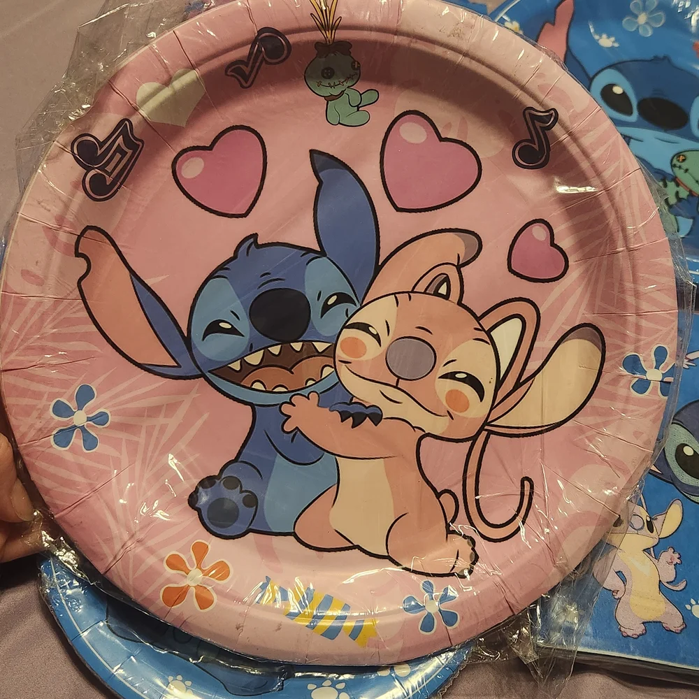 Disney Stitch and Angel Party Supplies Pink & Blue, 30 Plates, Napkins, 1 Table